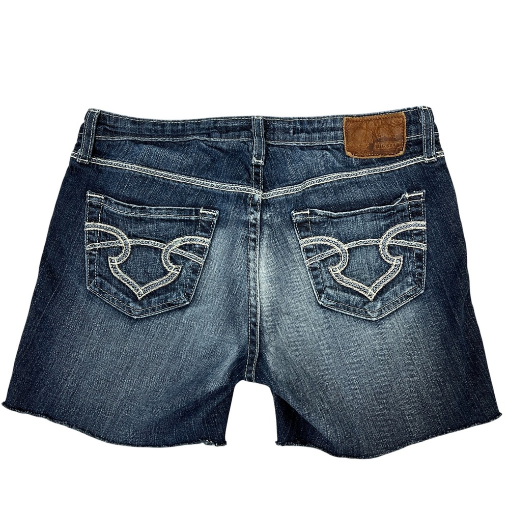 Big Star Y2K Jean Shorts 28 Stretch Denim Cut-Offs Raw Hem Embroidered McBling